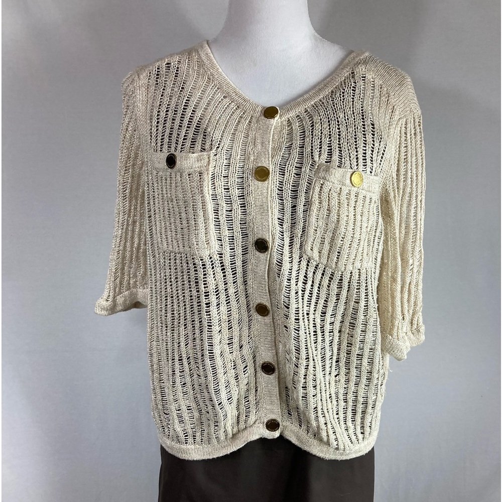 EUC TORY BURCH Women’s Natural Linen Knit Button Down Top, Size Large